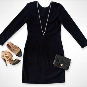 Women's Vintage Deep V Back Dress Little Black Dress Size 8 Rhinestone Midi